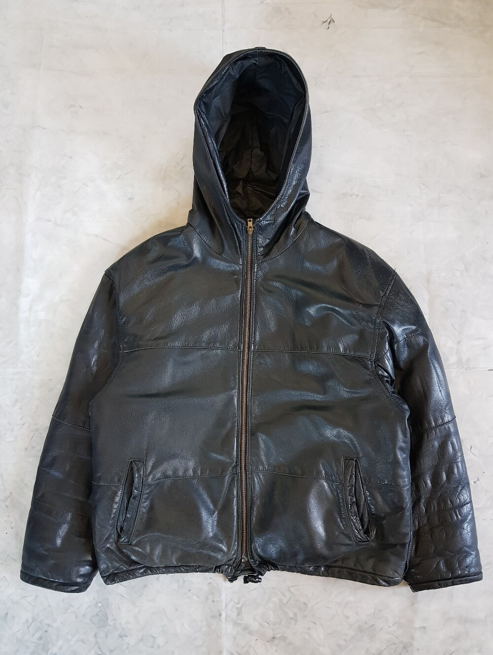 Vintage Black Leather Hooded Puffer Jacket, Hemingway Collection